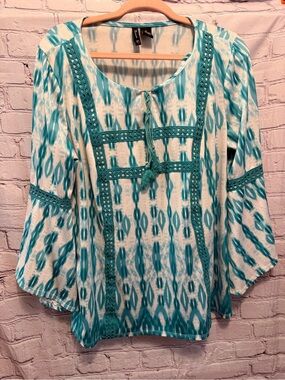 new directions Teal and White Ikat Crochet Peasant Tunic